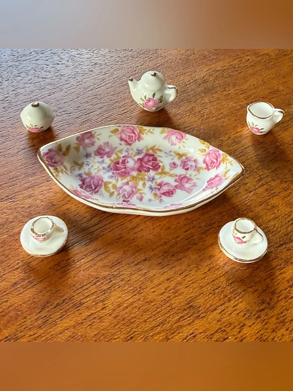NIB Vintage Miniature Porcelain 6 Piece Tea Set With Pink Rose Pattern Gold Trim